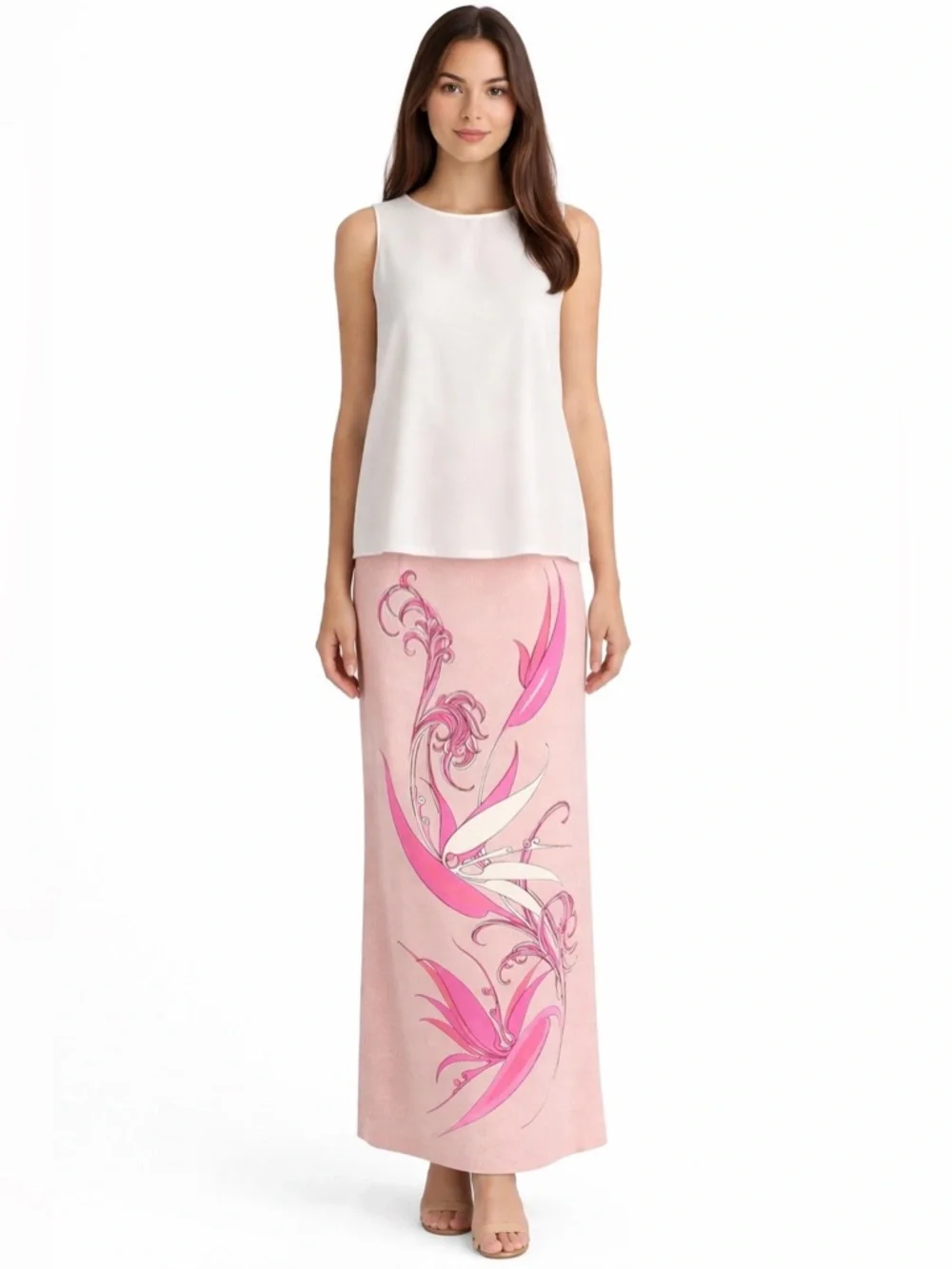 Vintage pink mid century maxi skirt- painted floral design- XS - Picture 4 of 7